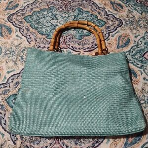 Fossil Green and Blue Tote with Bamboo Handles
